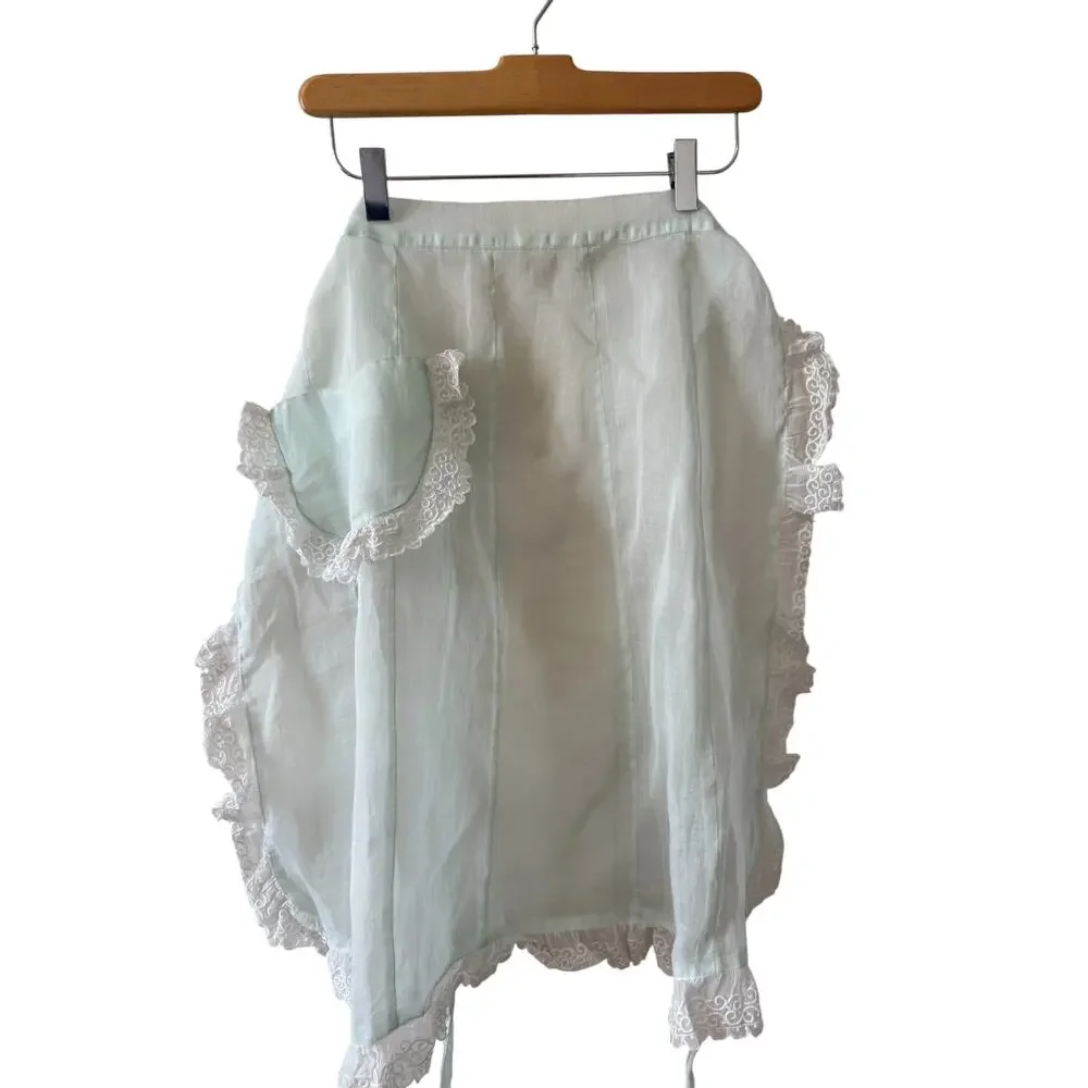 Vintage 60s Sheer Half Apron Organza Lace Trim Mint Green